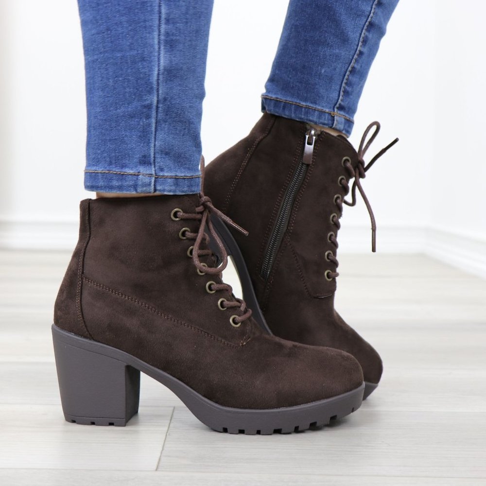 Brown Faux Suede Lace-Up Lug Chunky Block High Heel Ankle Boots - Picture 2 of 12